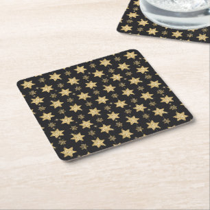 Black Glam Glitter Stars Pattern Square Paper Coaster