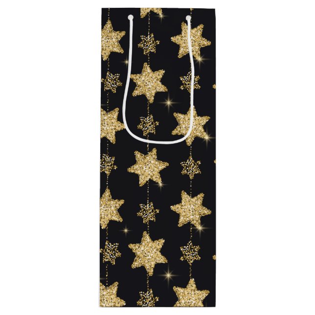 Black Glam Glitter Stars Pattern Wine Gift Bag (Front)