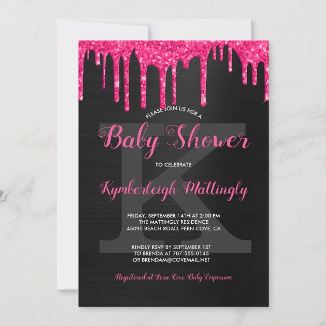Black Glam Hot Pink Glitter Drips Fun Baby Shower  Invitation (Front)