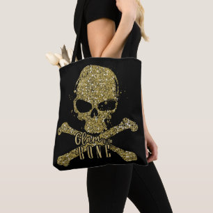 Black Glam to the Bone Gold Glitter Skull Beauty Tote Bag