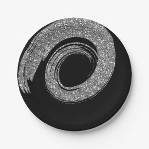 Black Glam VIP Silver Spiral Glitter Grey Paper Plate