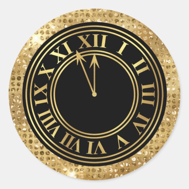 Black Glamourous Gold Diamonds New Year's Clock Classic Round Sticker (Front)