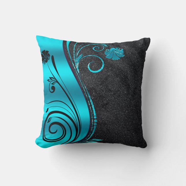 Black Glitter And Blue Swirl Throw Pillow (Front)