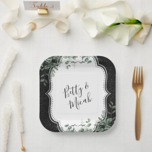 Black Glitter and Floral Eucalyptus Bouquet Paper Plate