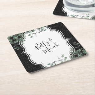 Black Glitter and Floral Eucalyptus Bouquet Square Paper Coaster