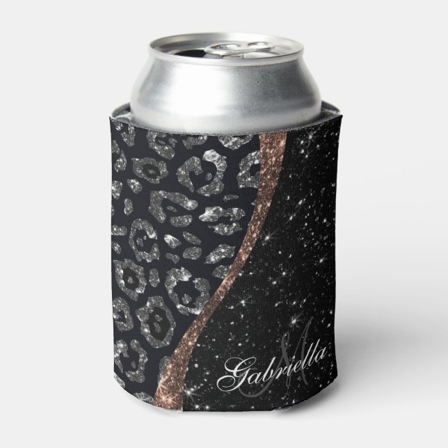 Black Glitter and Leopard Print Can Cooler (Can Front)