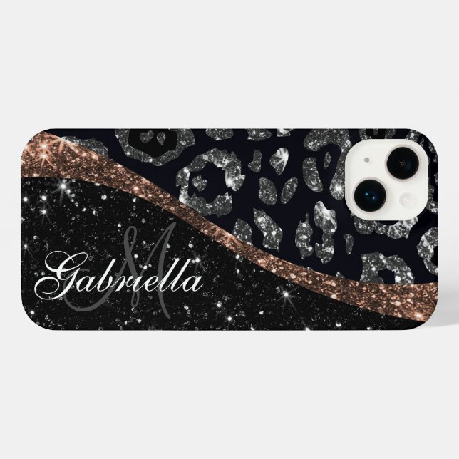 Black Glitter and Leopard Print iPhone Case (Back Horizontal)