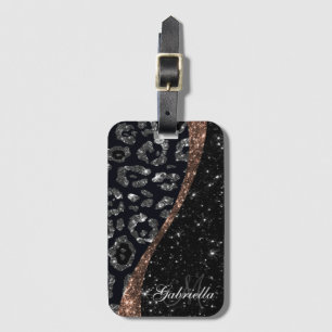 Black Glitter and Leopard Print Luggage Tag
