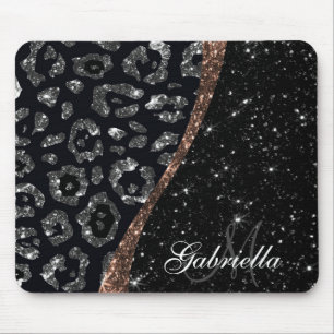 Black Glitter and Leopard Print Mouse Pad