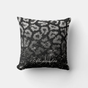 Black Glitter and Leopard Print Throw Pillow