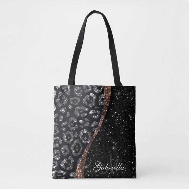 Black Glitter and Leopard Print Tote Bag (Front)
