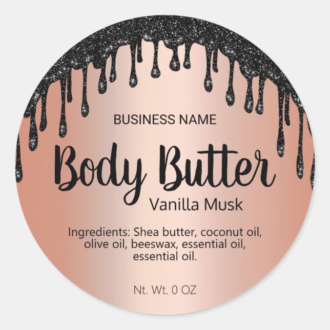 Black Glitter And Rose Gold Body Butter Labels (Front)