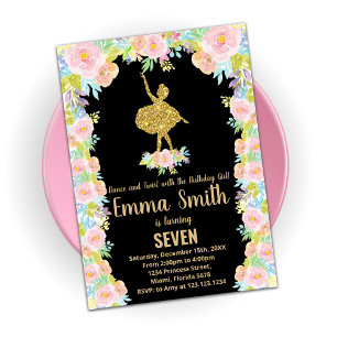 Black Glitter Ballerina Birthday Invitations