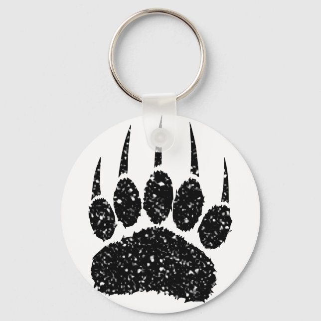 Black Glitter Bear Paw Print Drawing Keychain (Front)