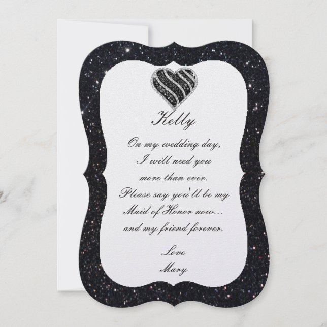 Black Glitter Black Heart Maid Of Honour Card (Front)