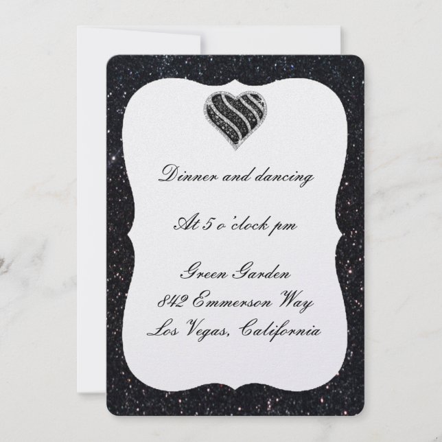 Black Glitter Black Heart Reception Card (Front)