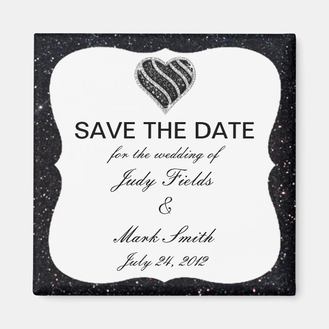 Black Glitter Black Heart Save The Date Magnet (Front)