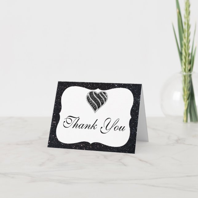 Black Glitter Black Heart Thank You Card (Front)