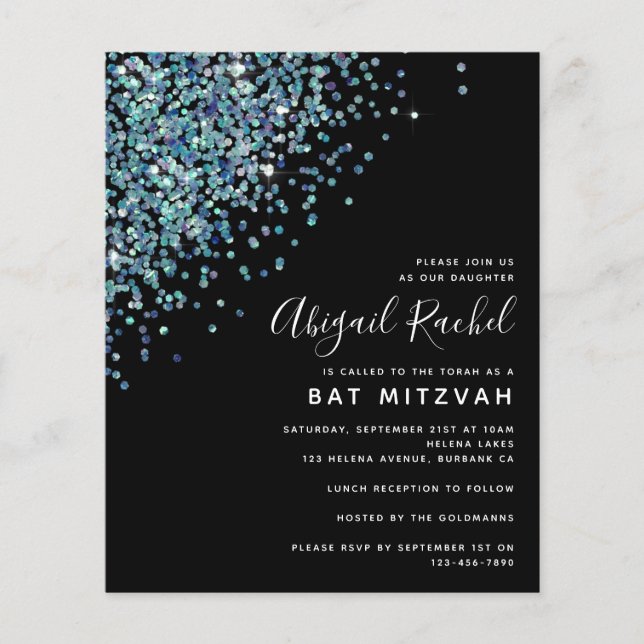 Black Glitter Budget Bat Mitzvah Invitation (Front)