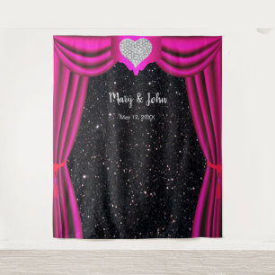 Black Glitter Diamond Heart Pink Curtain Backdrop Tapestry