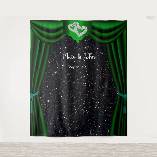 Black Glitter Diamond Hearts Green Curtain Tapestry (Front)