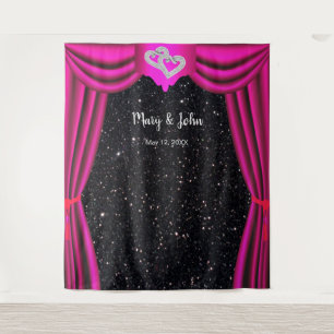 Black Glitter Diamond Hearts Pink Curtain Backdrop Tapestry