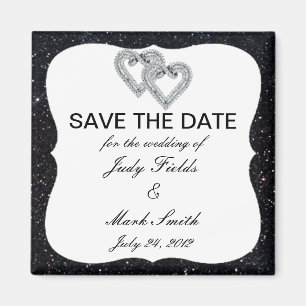 Black Glitter Diamond Hearts Save The Date Magnet