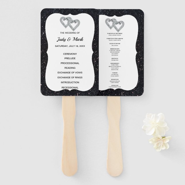 Black Glitter Diamond Hearts Wedding Program Fans (Front and Back)