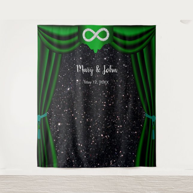 Black Glitter Diamond Infinity Green Curtain Tapestry (Front)
