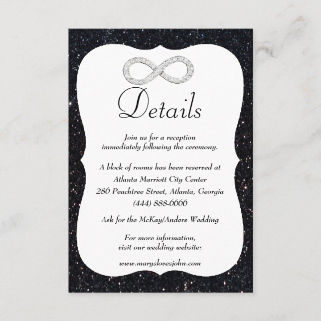 Black Glitter Diamond Infinity Wedding Details Enclosure Card (Front)