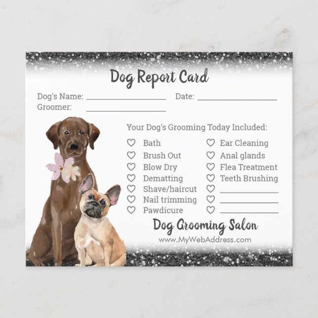 Black Glitter Dog Grooming Report Card Flyer (Front)