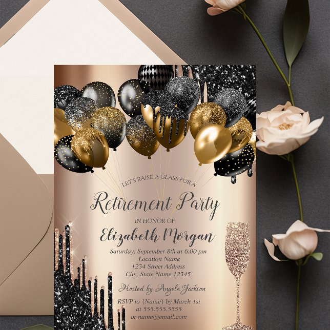 Black Glitter Drips Balloons Glass Retirement Invitation (Creator Uploaded)