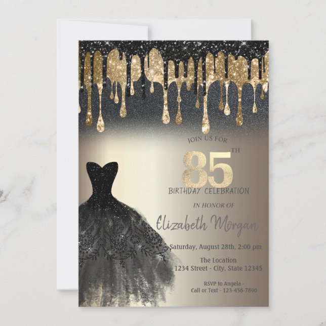 Black Glitter Drips Black Dress Gold 85th Birthday Invitation (Front)