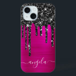 Black Glitter Drips Hot Pink Glam Signature iPhone 15 Case<br><div class="desc">Faux sparkly black glitter drips over hot pink brushed metal foil.
The modern girly signature features an elegant white calligraphy font with decorative tails. 
Customize the font styles to create your own phone gear.
A nice thank you gift for a bridesmaid in your wedding party.</div>