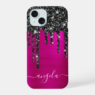 Black Glitter Drips Hot Pink Glam Signature iPhone 15 Case