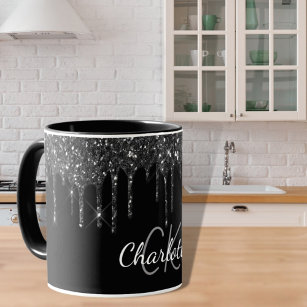 Black glitter drips monogram initials luxury mug