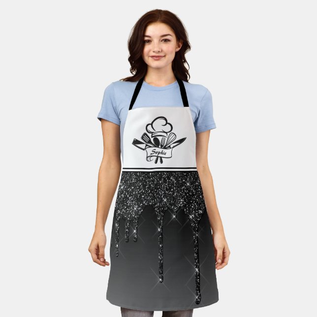 Black Glitter Drips Personalized Apron (Worn)