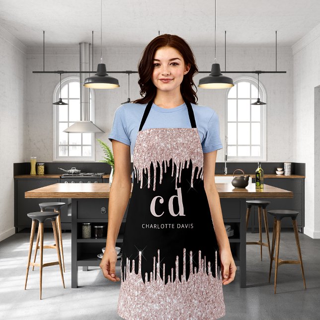 Black glitter drips rose gold monogram business apron (Creator Uploaded)