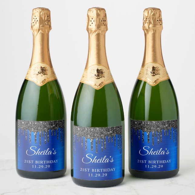 Black Glitter Drips Royal Blue Glam 21st Birthday Sparkling Wine Label (Bottles)