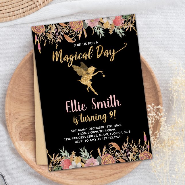 Black Glitter Floral Fairy Birthday Invitations (Black Glitter Floral Fairy Birthday Invitations)
