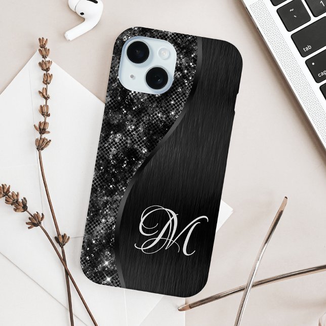 Black Glitter Glam Bling Personalized Metallic Case-Mate iPhone Case (Creator Uploaded)