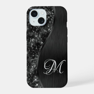 Black Glitter Glam Bling Personalized Metallic iPhone 15 Case