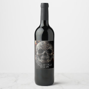 Black Glitter Glam Sparkle Skull Gothic  Wine Label