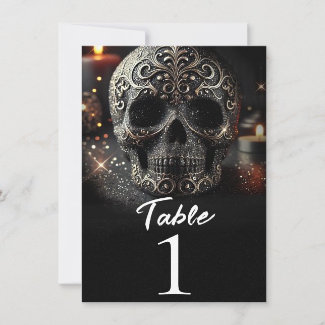 Black Glitter Glam Sparkle Skull Table Number (Front)