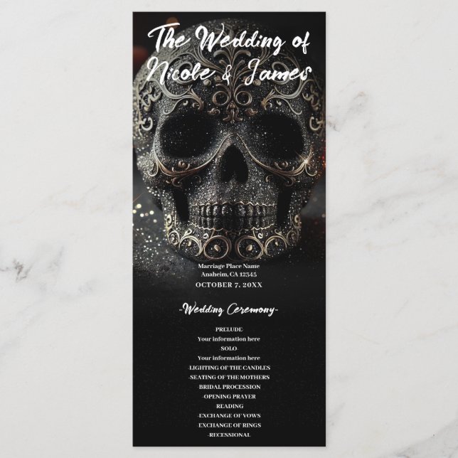 Black Glitter Glam Sparkle Skull Wedding Program (Front)