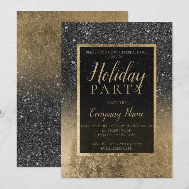 Black glitter gold business corporate Christmas 2 Invitation (Front/Back)