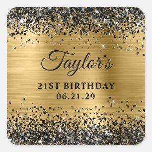 Black Glitter Gold Foil 21st Birthday Square Sticker