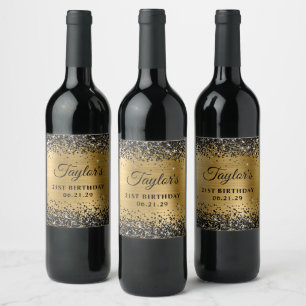 Black Glitter Gold Foil 21st Birthday Wine Label
