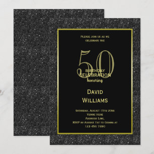 Black Glitter, Gold Framed Man's Birthday Invitation