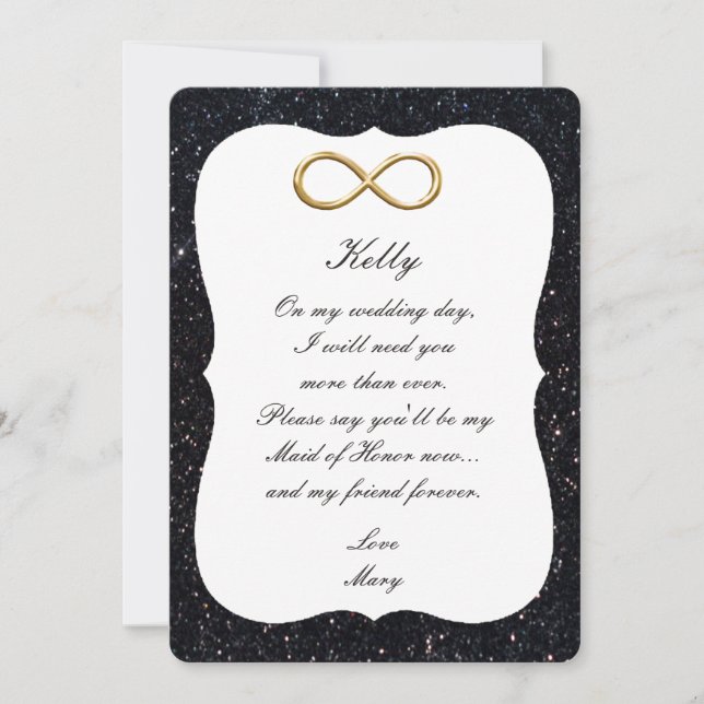 Black Glitter Gold Infinity Maid Of Honour Card (Front)